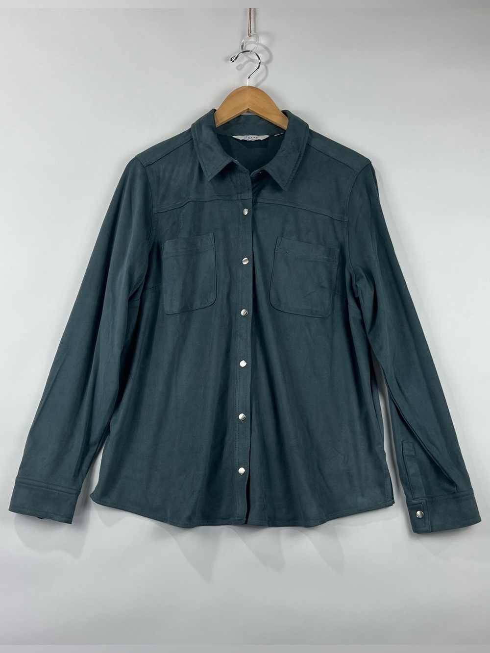 Denim & Co Faux Suede Shirt Jacket Metal Snaps Pockets Lightweight Shacket L XL - Picture 2 of 10